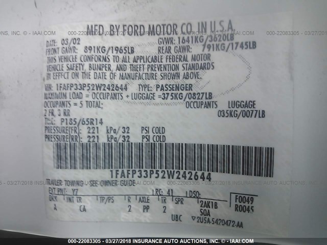 1FAFP33P52W242644 - 2002 FORD FOCUS LX WHITE photo 9