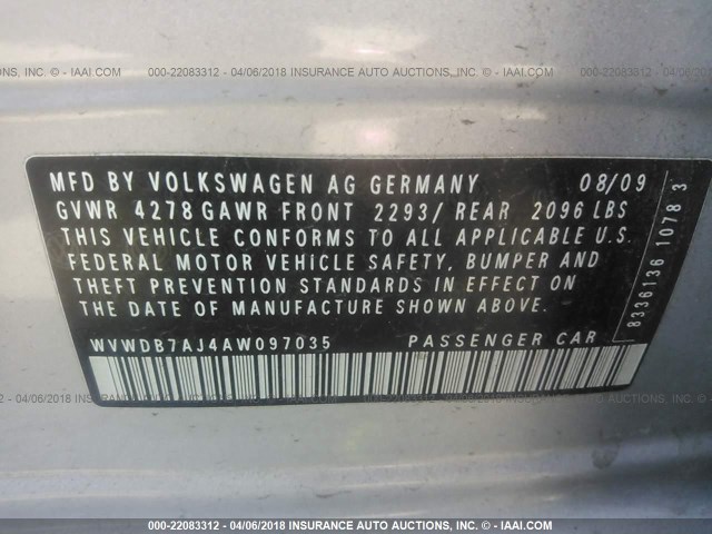 WVWDB7AJ4AW097035 - 2010 VOLKSWAGEN GOLF SILVER photo 9