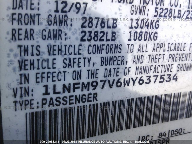 1LNFM97V6WY637534 - 1998 LINCOLN CONTINENTAL  绿色 照片 9