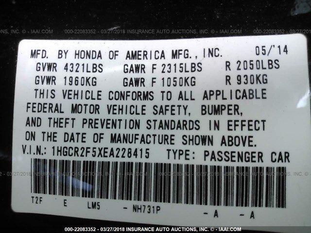 1HGCR2F5XEA228415 - 2014 HONDA ACCORD SPORT Қара фото 9