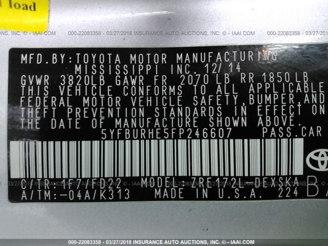 5YFBURHE5FP246607 - 2015 TOYOTA COROLLA L/LE/LE PLS/PRM/S/S PLS SILVER photo 9