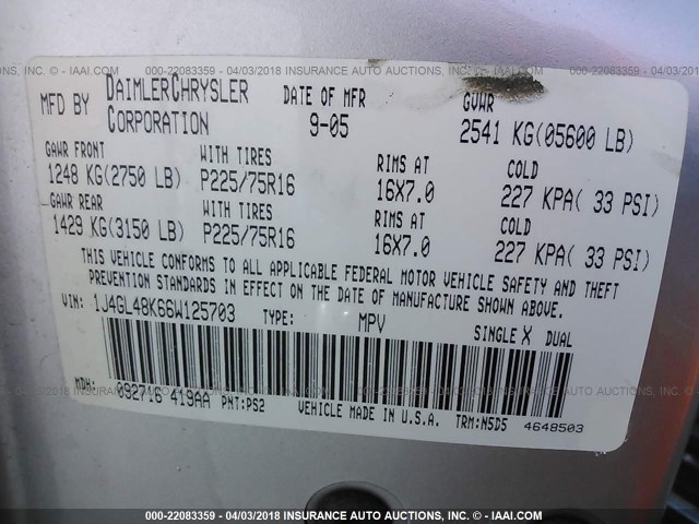 1J4GL48K66W125703 - 2006 JEEP LIBERTY SPORT 银色 照片 9