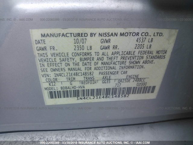 1N4CL21E48C148582 - 2008 NISSAN ALTIMA HYBRID SILVER photo 9