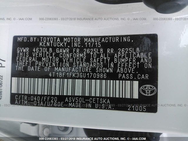 4T1BF1FK3GU170986 - 2016 TOYOTA CAMRY LE/XLE/SE/XSE WHITE photo 9