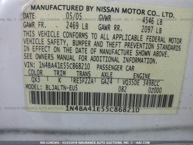 1N4BA41E55C868210 - 2005 NISSAN MAXIMA SE/SL WHITE photo 9