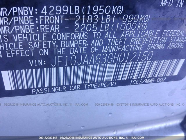 JF1GJAA63GH012150 - 2016 SUBARU IMPREZA SILVER photo 9