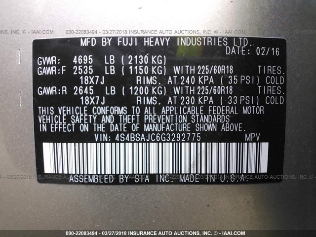 4S4BSAJC6G3292775 - 2016 SUBARU OUTBACK 2.5I LIMITED Champagne photo 9