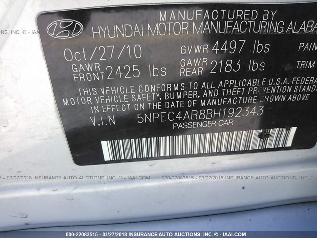 5NPEC4AB8BH192343 - 2011 HYUNDAI SONATA SE/LIMITED SILVER photo 9