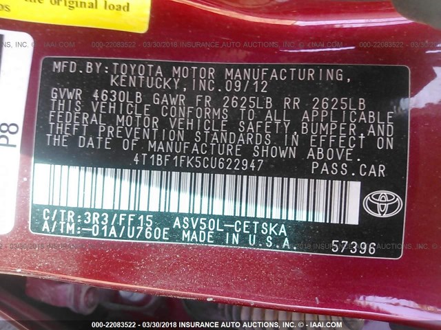 4T1BF1FK5CU622947 - 2012 TOYOTA CAMRY SE/LE/XLE RED photo 9