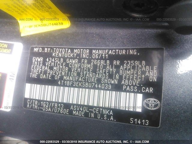 4T1BF3EK5BU744039 - 2011 TOYOTA CAMRY SE/LE/XLE GRAY photo 9