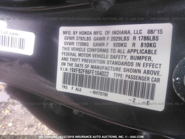 19XFB2F86FE104022 - 2015 HONDA CIVIC EX GRAY photo 9