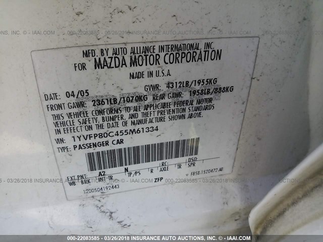 1YVFP80C455M61334 - 2005 MAZDA 6 I Biały zdjęcie 9