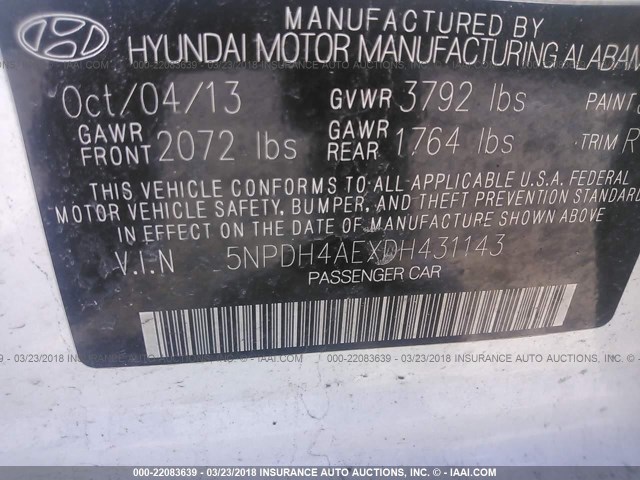 5NPDH4AEXDH431143 - 2013 HYUNDAI ELANTRA GLS/LIMITED WHITE photo 9