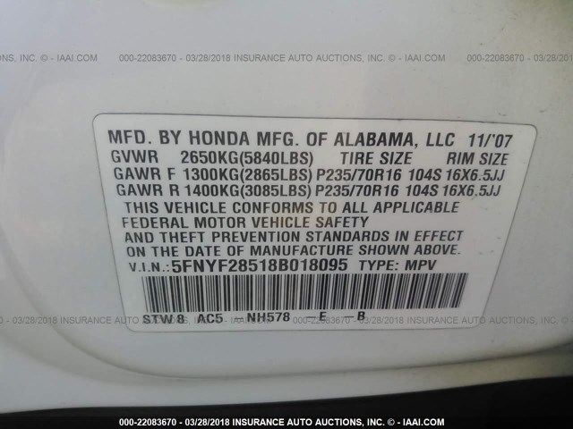 5FNYF28518B018095 - 2008 HONDA PILOT EXL WHITE photo 9