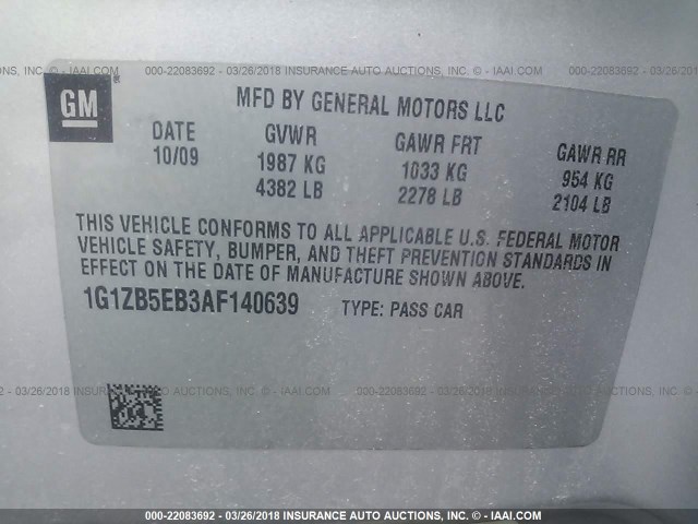 1G1ZB5EB3AF140639 - 2010 CHEVROLET MALIBU LS 银色 照片 9