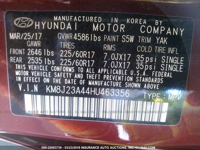 KM8J23A44HU463356 - 2017 HYUNDAI TUCSON SE BURGUNDY photo 9