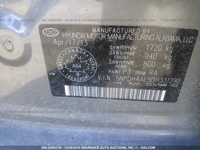 5NPDH4AE5DH331290 - 2013 HYUNDAI ELANTRA GLS/LIMITED ნაცრისფერი ფოტო 9