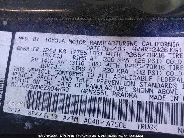 5TEJU62N06Z204830 - 2006 TOYOTA TACOMA DOUBLE CAB PRERUNNER BLUE photo 9