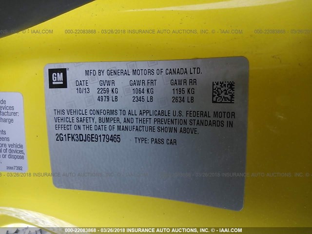 2G1FK3DJ6E9179465 - 2014 CHEVROLET CAMARO 2SS YELLOW photo 9