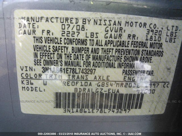 3N1AB61E78L743297 - 2008 NISSAN SENTRA 2.0/2.0S/2.0SL SILVER photo 9