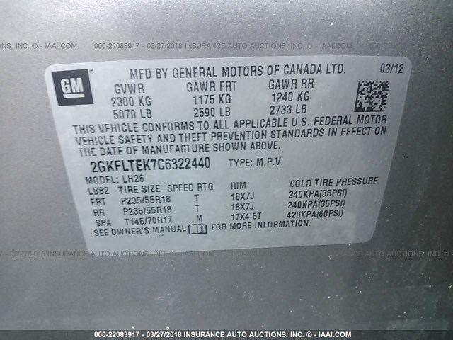 2GKFLTEK7C6322440 - 2012 GMC TERRAIN SLE GRAY photo 9