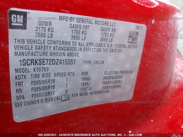 1GCRKSE72DZ415051 - 2013 CHEVROLET SILVERADO K1500 LT RED photo 9