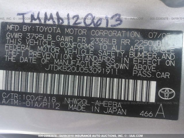 JTDKB20U053091911 - 2005 TOYOTA PRIUS SILVER photo 9