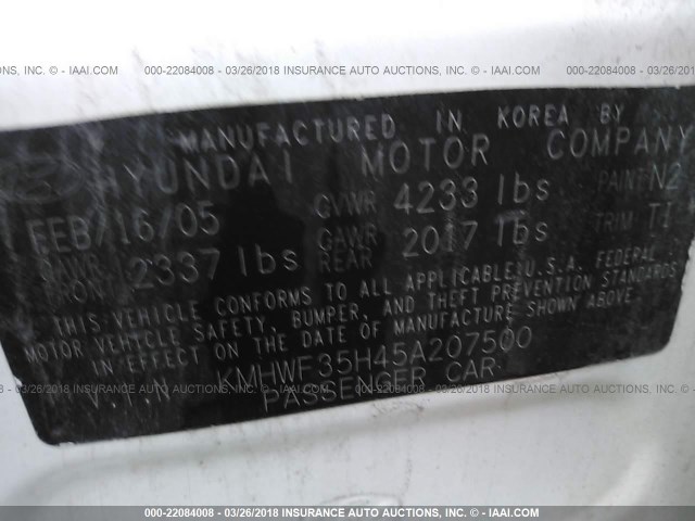 KMHWF35H45A207500 - 2005 HYUNDAI SONATA GLS/LX WHITE photo 9