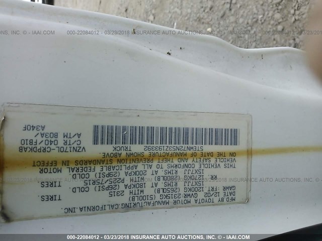 5TEWN72N53Z193392 - 2003 TOYOTA TACOMA XTRACAB WHITE photo 9