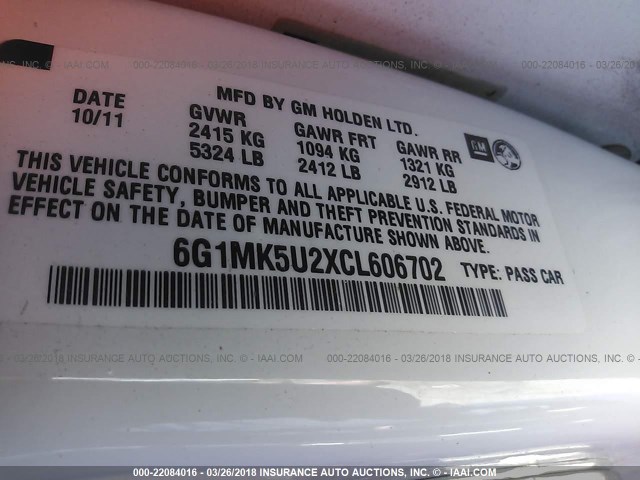 6G1MK5U2XCL606702 - 2012 CHEVROLET CAPRICE POLICE WHITE photo 9