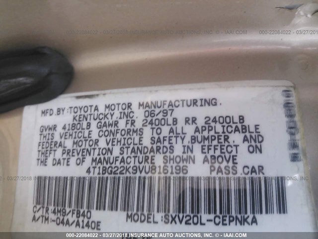 4T1BG22K9VU816196 - 1997 TOYOTA CAMRY CE/LE/XLE ოქროსფერი ფოტო 9