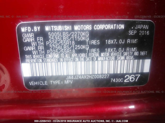 JA4JZ4AX2HZ008227 - 2017 MITSUBISHI OUTLANDER GT RED photo 9