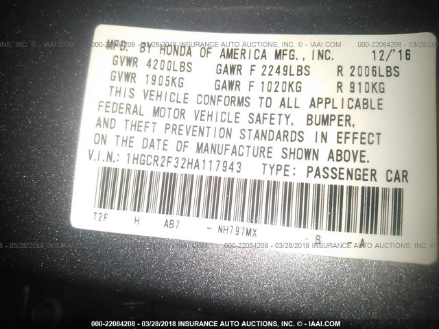 1HGCR2F32HA117943 - 2017 HONDA ACCORD LX ნაცრისფერი ფოტო 9