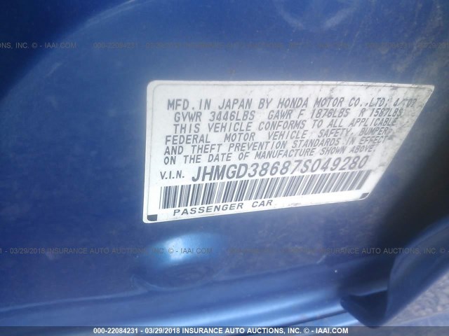 JHMGD38687S049280 - 2007 HONDA FIT S BLUE photo 9