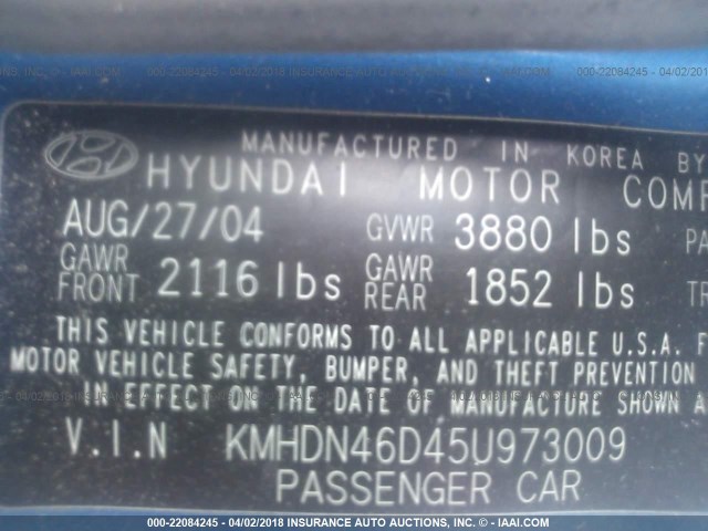 KMHDN46D45U973009 - 2005 HYUNDAI ELANTRA GLS/GT BLUE photo 9