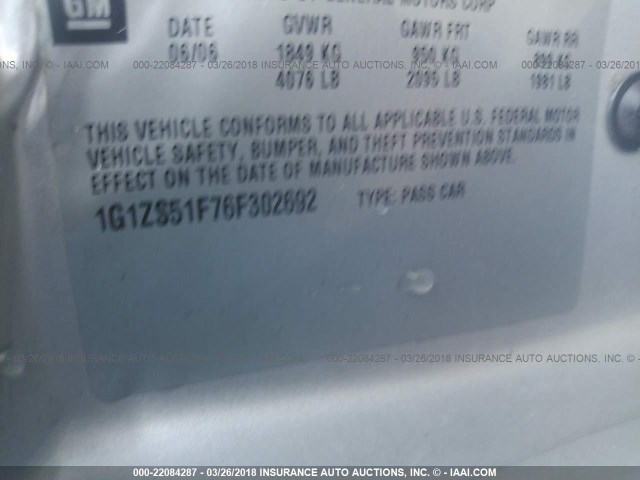 1G1ZS51F76F302692 - 2006 CHEVROLET MALIBU LS 银色 照片 9