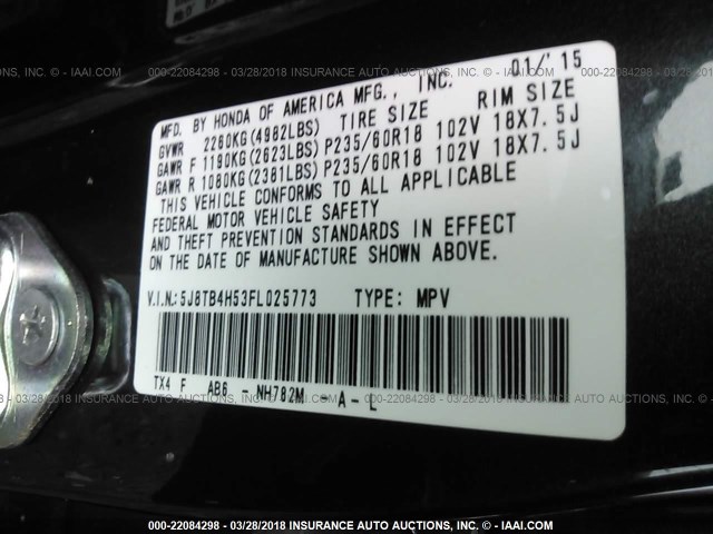 5J8TB4H53FL025773 - 2015 ACURA RDX TECHNOLOGY GRAY photo 9