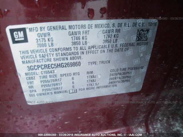 3GCPCREC5HG269860 - 2017 CHEVROLET SILVERADO C1500 LT RED photo 9