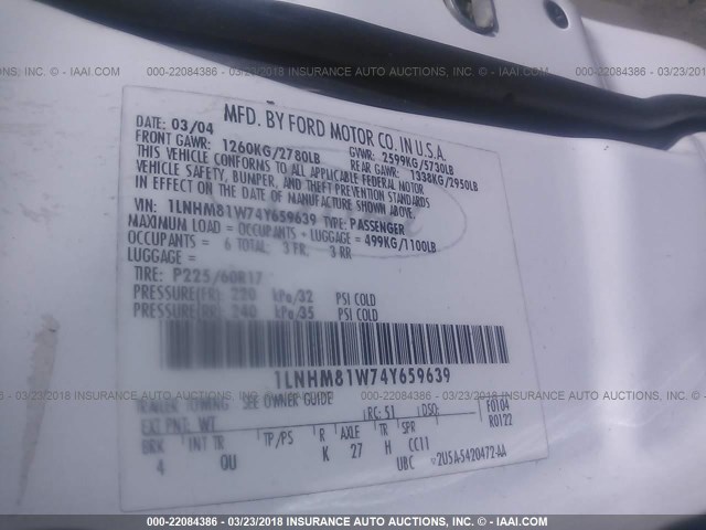 1LNHM81W74Y659639 - 2004 LINCOLN TOWN CAR EXECUTIVE/SIGNATURE თეთრი ფოტო 9