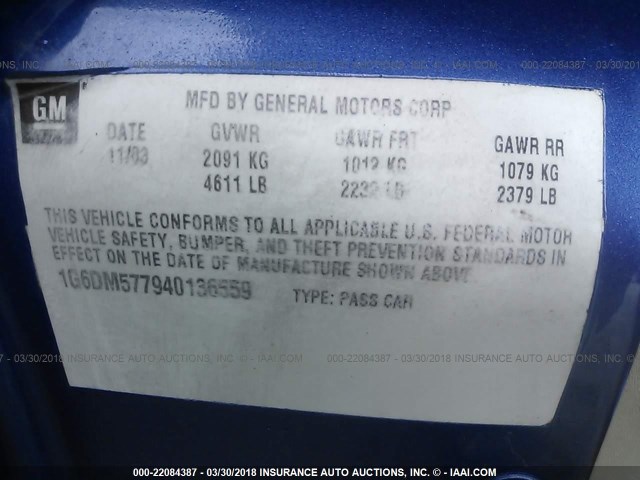 1G6DM577940136559 - 2004 CADILLAC CTS BLUE photo 9