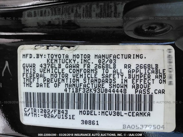 4T1BF32K93U044448 - 2003 TOYOTA CAMRY LE/XLE/SE BLACK photo 9