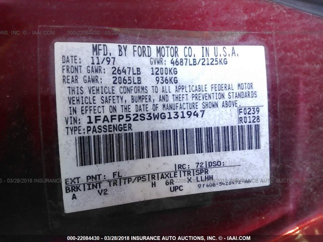 1FAFP52S3WG131947 - 1998 FORD TAURUS LX/SE RED photo 9