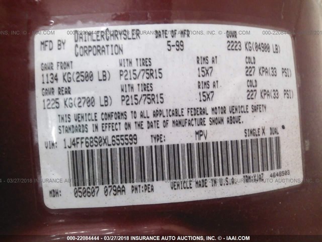 1J4FF68S0XL655599 - 1999 JEEP CHEROKEE SPORT/CLASSIC წითელი ფოტო 9