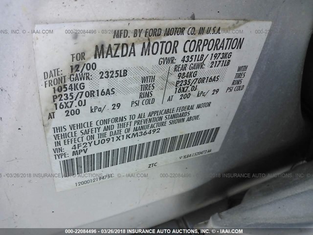 4F2YU091X1KM36492 - 2001 MAZDA TRIBUTE LX/ES SILVER photo 9