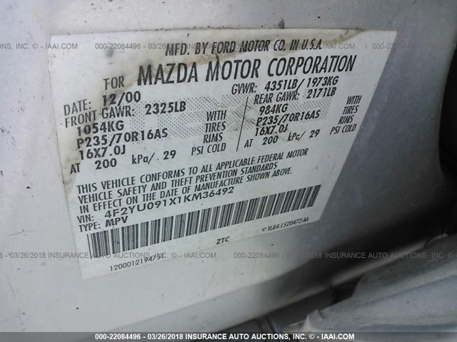 4F2YU091X1KM36492 - 2001 MAZDA TRIBUTE LX/ES 银色 照片 9