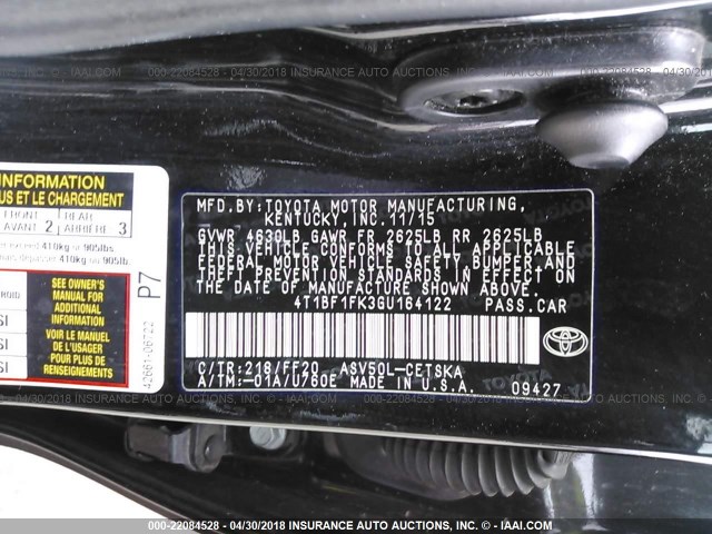 4T1BF1FK3GU164122 - 2016 TOYOTA CAMRY LE/XLE/SE/XSE BLACK photo 9