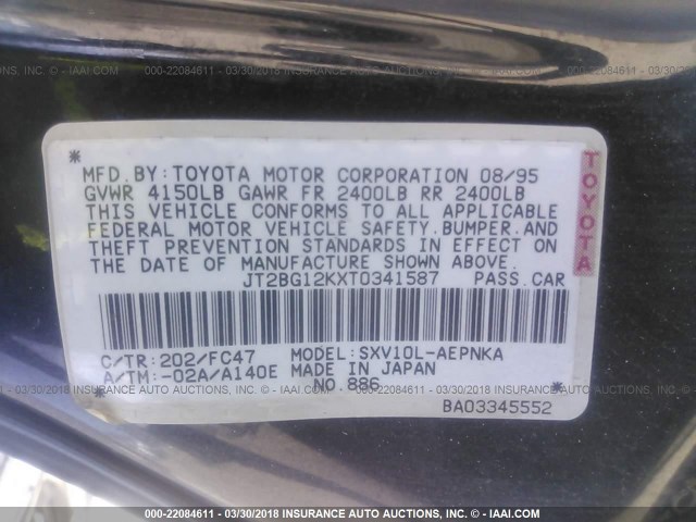 JT2BG12KXT0341587 - 1996 TOYOTA CAMRY DX/LE/XLE BLACK photo 9