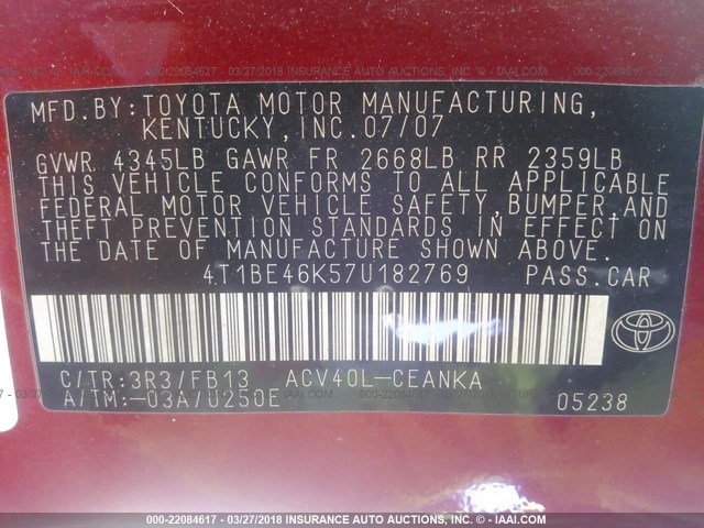 4T1BE46K57U182769 - 2007 TOYOTA CAMRY NEW GENERAT CE/LE/XLE/SE RED photo 9
