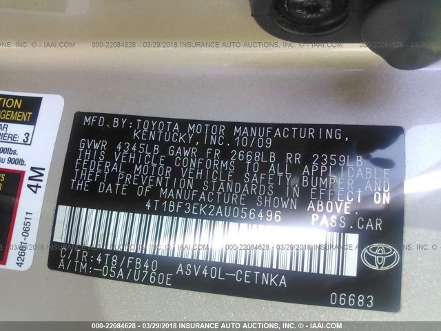 4T1BF3EK2AU056496 - 2010 TOYOTA CAMRY SE/LE/XLE GOLD photo 9