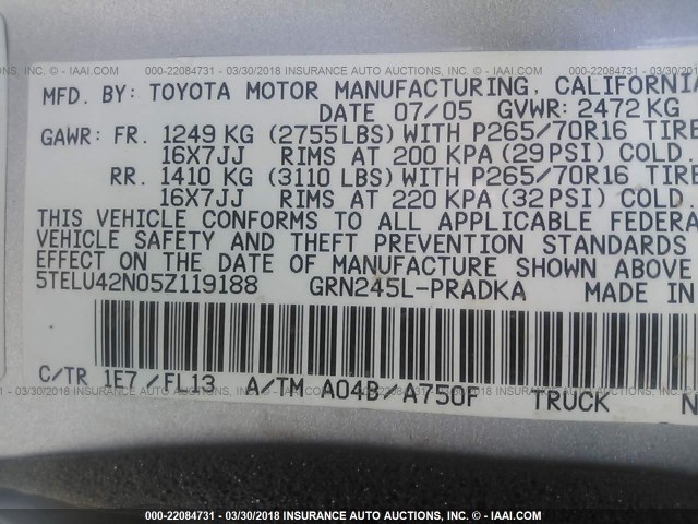 5TELU42N05Z119188 - 2005 TOYOTA TACOMA DOUBLE CAB ნაცრისფერი ფოტო 9